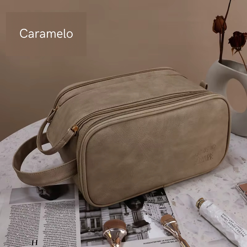 Nécessaire de maquiagem em couro PU com grande capacidade e divisórias