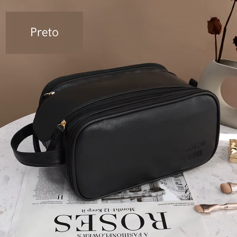 Nécessaire de maquiagem em couro PU com grande capacidade e divisórias