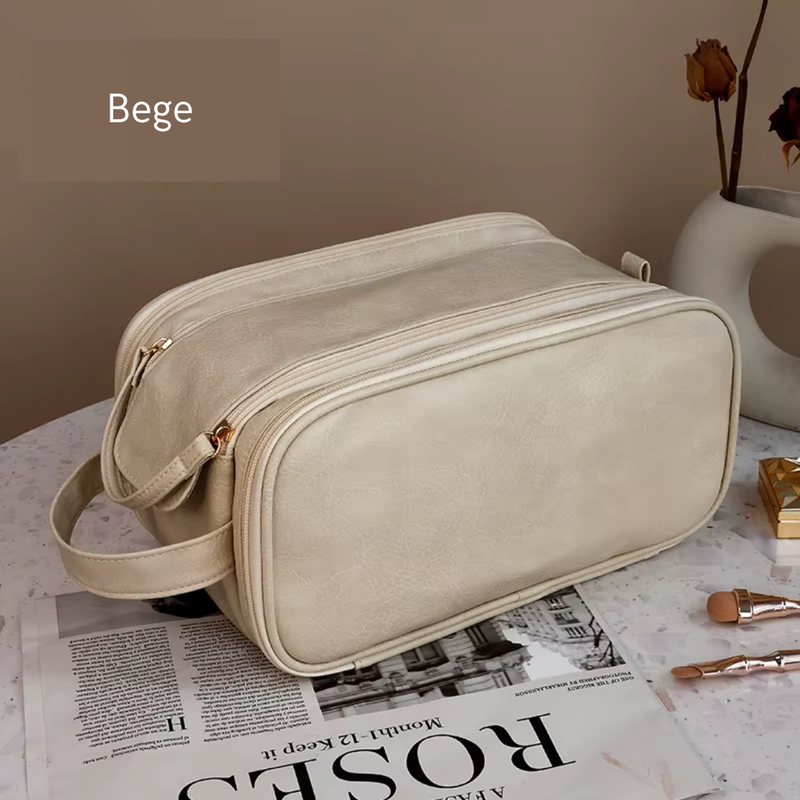 Nécessaire de maquiagem em couro PU com grande capacidade e divisórias